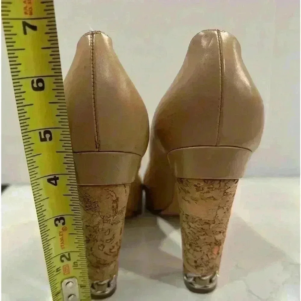 CHANEL Vintage Beige Leather Peep Toe Platform Cork Chain Pumps (Size 39 1/2) - Picture 6 of 16